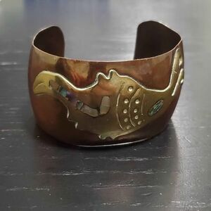 1965 Vintage Copper/Brass Cuff Bracelet With Abalone Shell Inlay-Handmade Mexico